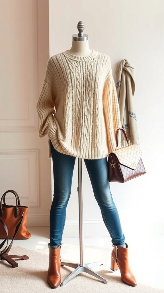 A cozy oat knit sweater outfit with jeans and ankle boots, styled with accessories in a softly lit room.